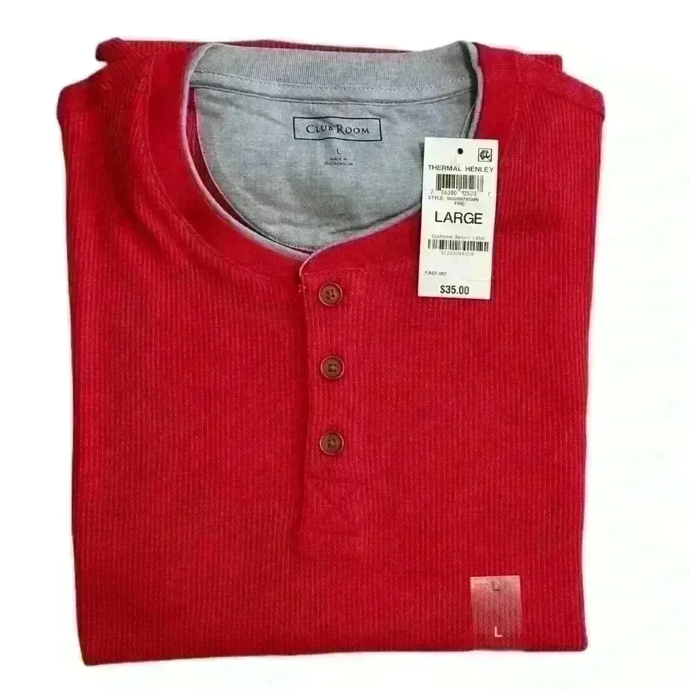 New Club Room Men's Fire Thermal Henley Shirt Size L Crewneck Three Buttom - Picture 10 of 10